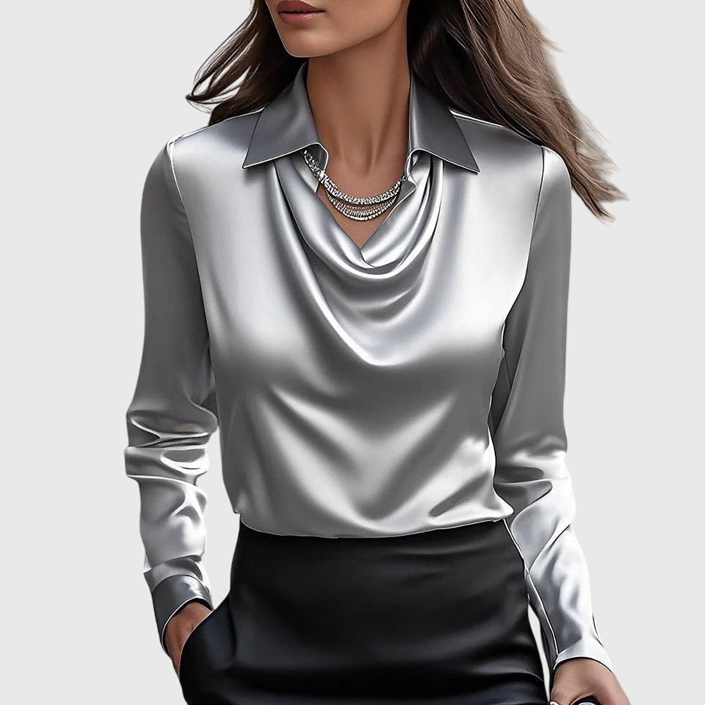Silvia | Blouse luxueuse brillante à col plissé - Doré