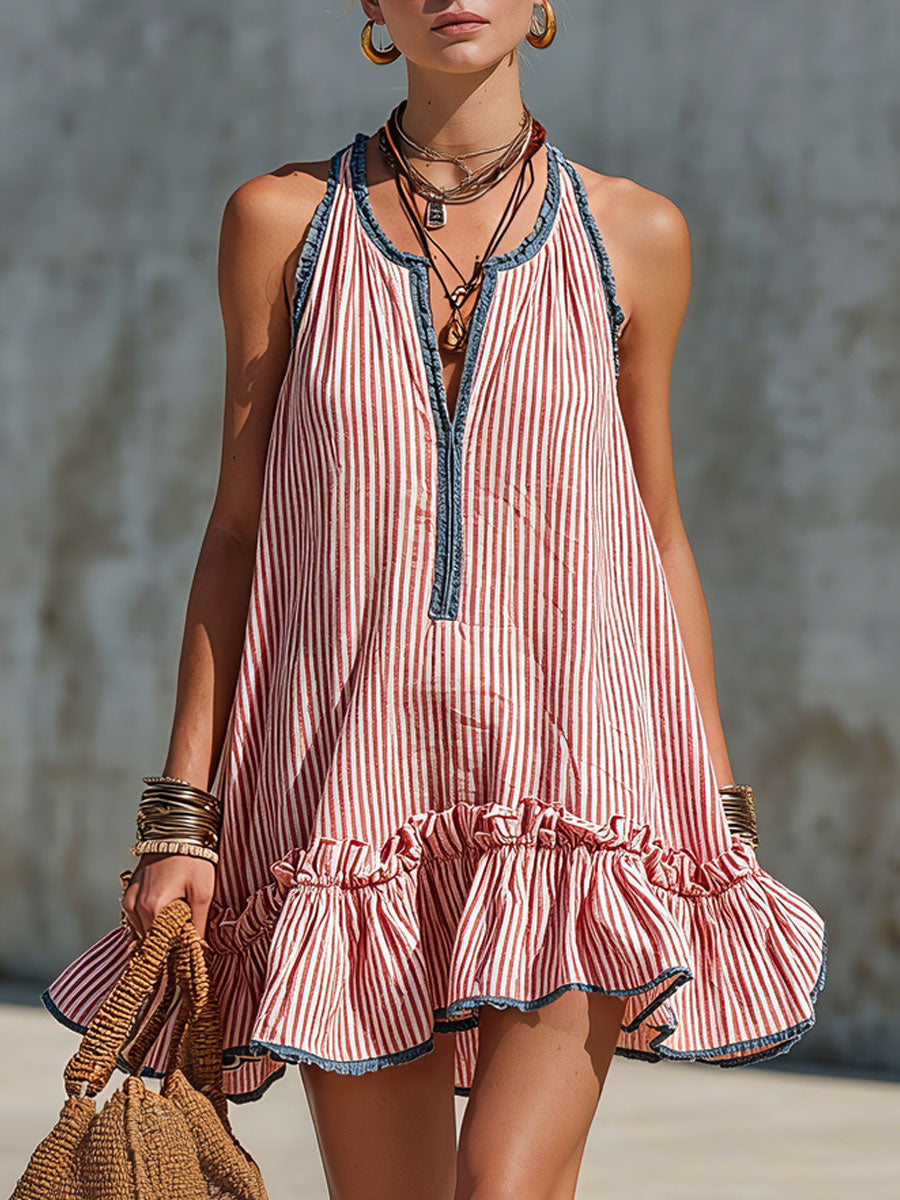 Lola | Mini-robe rayée sans manches à volants et col rond