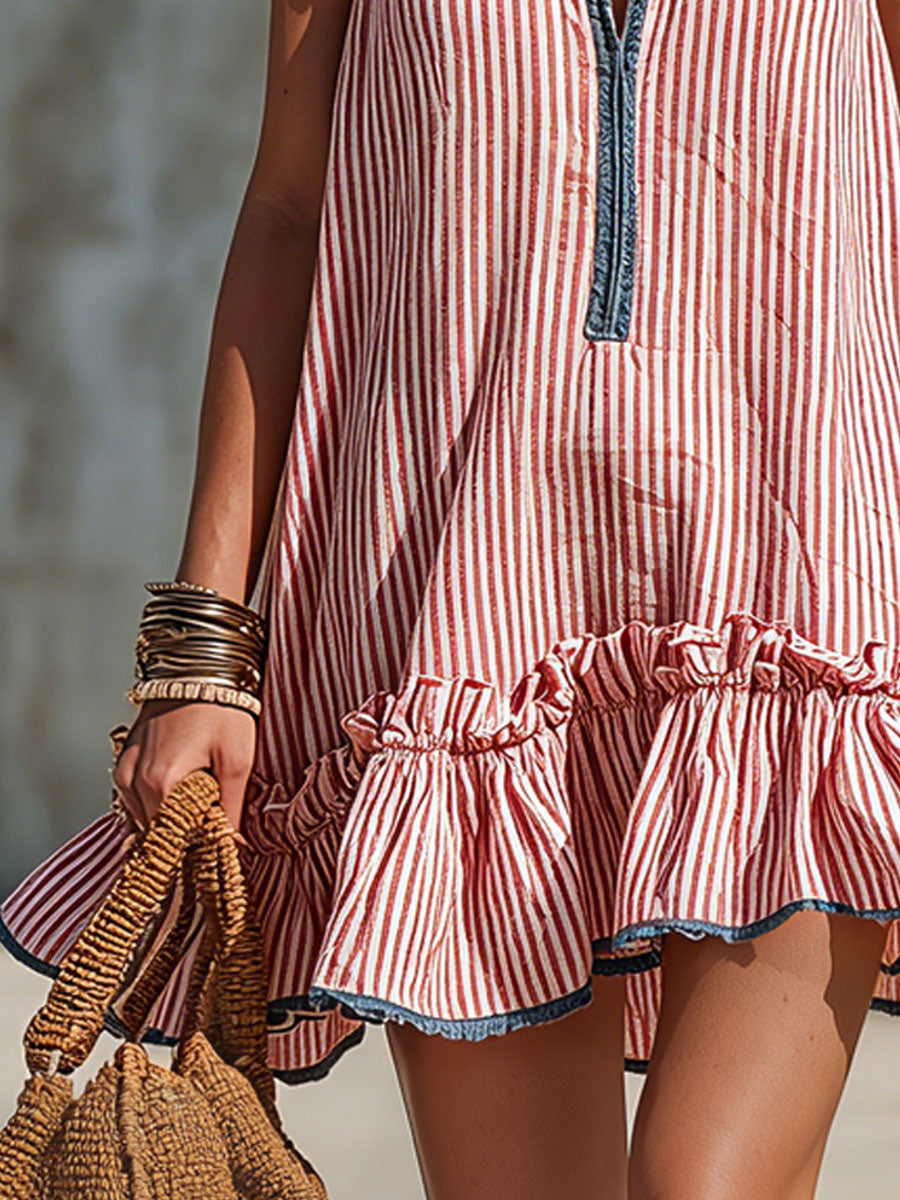 Lola | Mini-robe rayée sans manches à volants et col rond