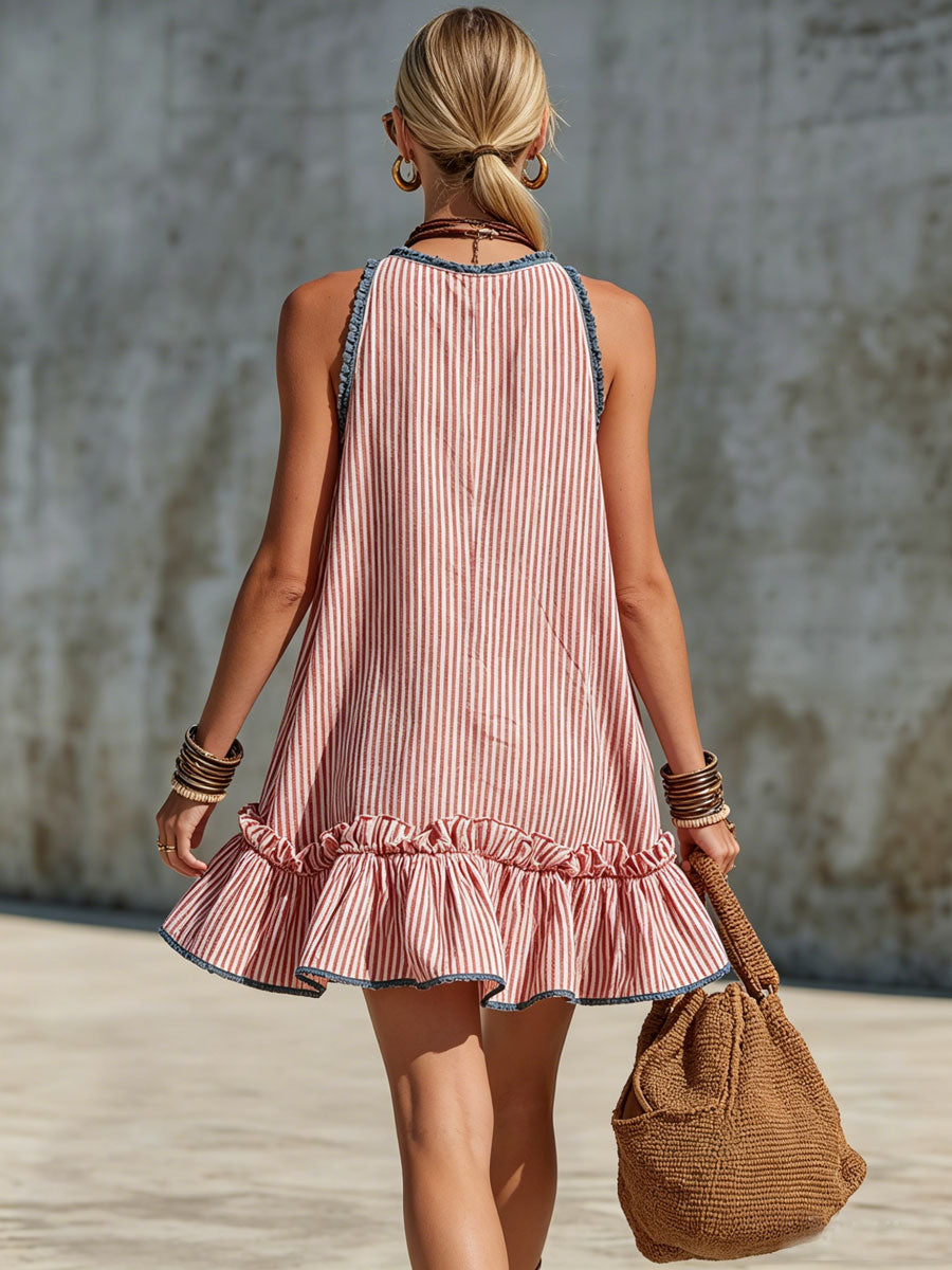 Lola | Mini-robe rayée sans manches à volants et col rond