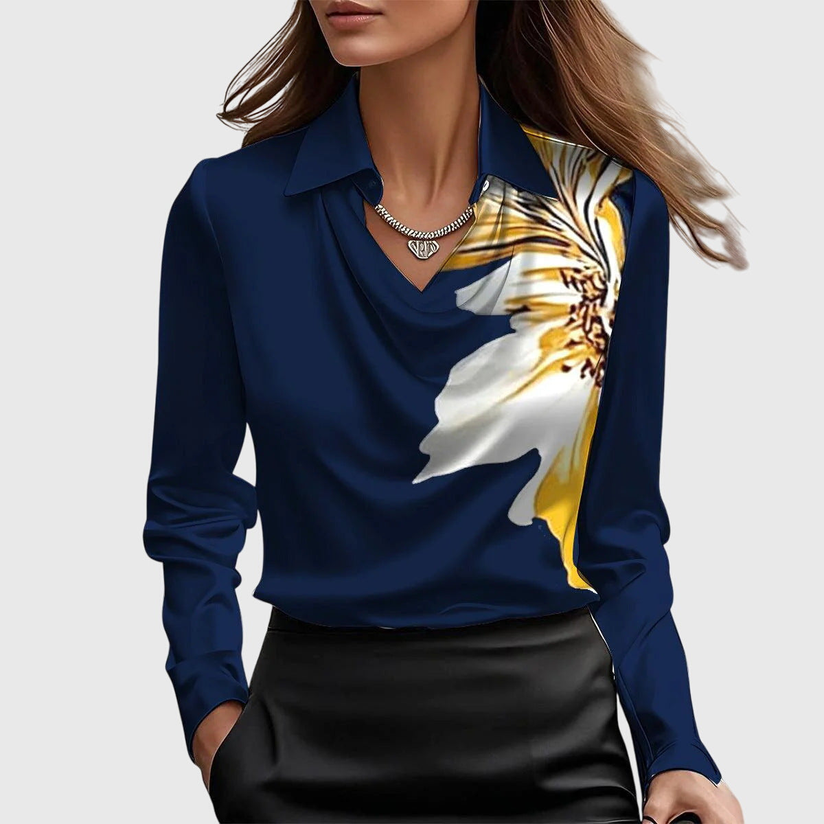 Silvia | Blouse luxueuse brillante à col plissé - Argent