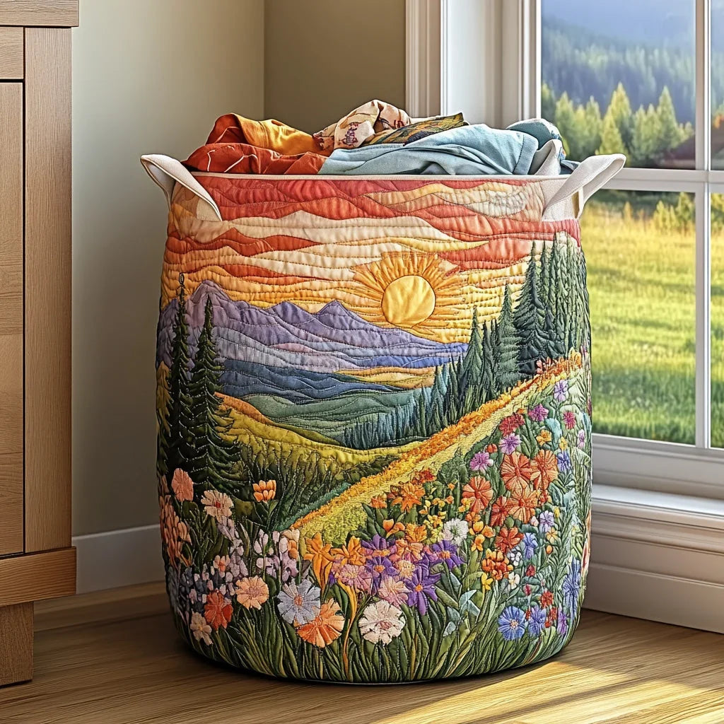Panier à linge rembourré – lever de soleil, montagnes et fleurs
