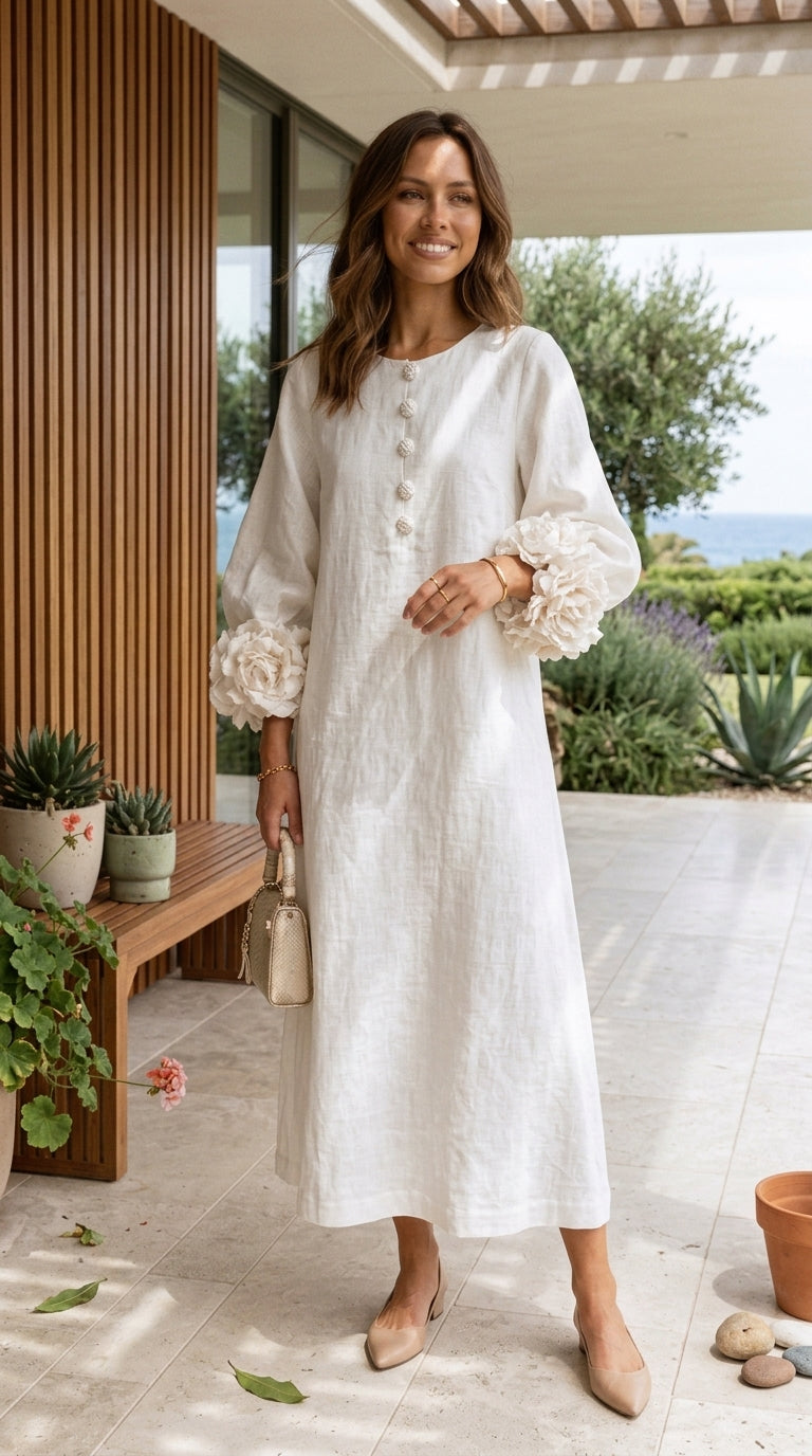 Magdalena | Robe de style français à fleurs 3D et manches bouffantes