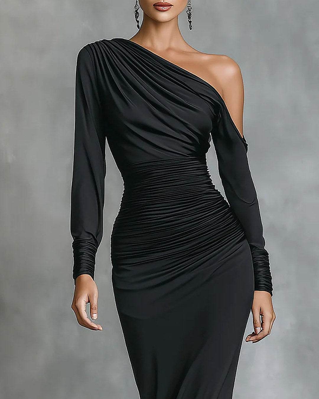 Célina | Robe Longue Une Épaule en Satin Noir